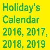 Holidays Calendar 2016, 2017, 2018, 2019
